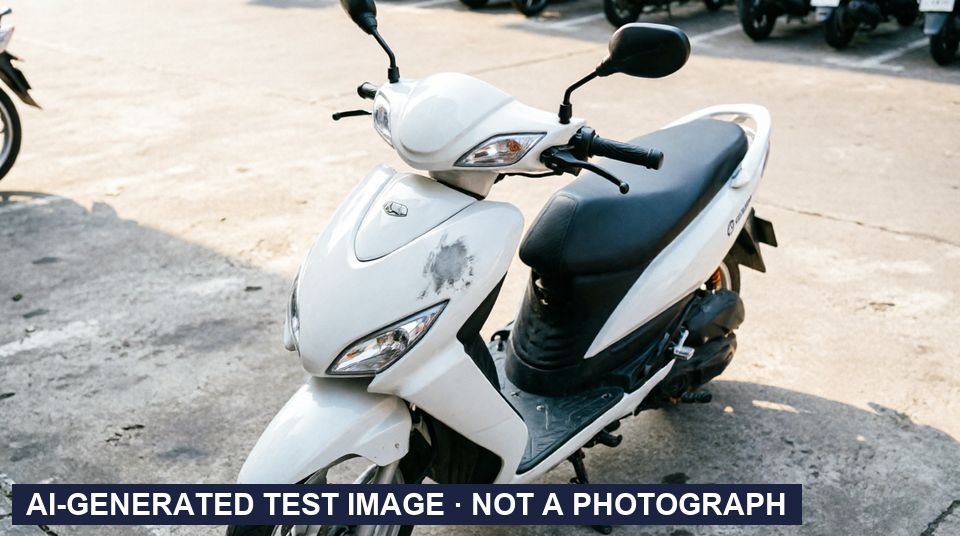 AI-generated test images (not photographs): the pickup frame of a white scooter, front-left view, both mirrors on, a grey scuff on the front fairing