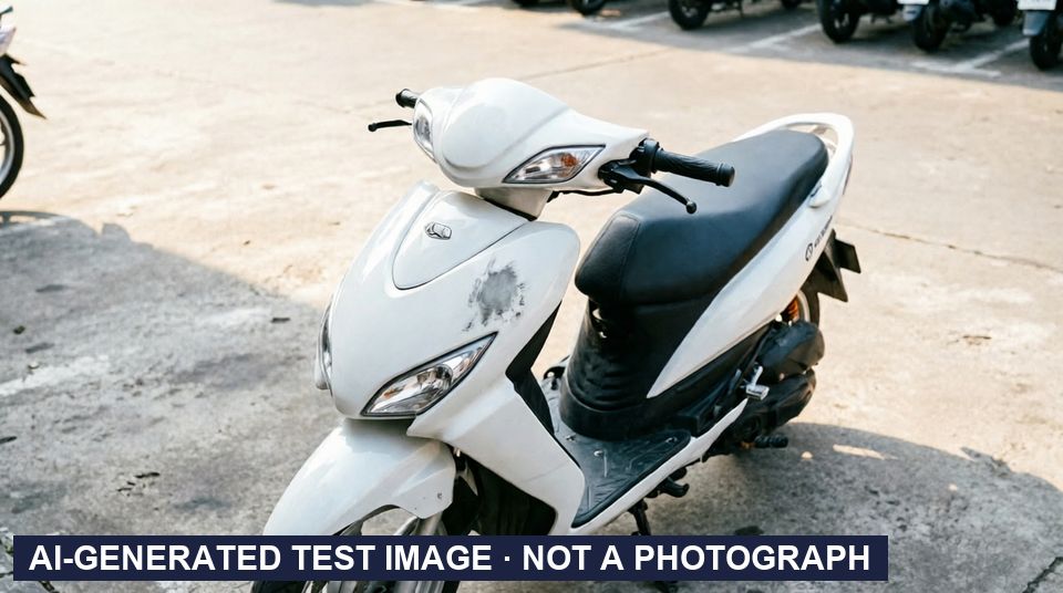 AI-generated test images (not photographs): the return frame of a white scooter, front-left view, edited so both rear-view mirrors are gone